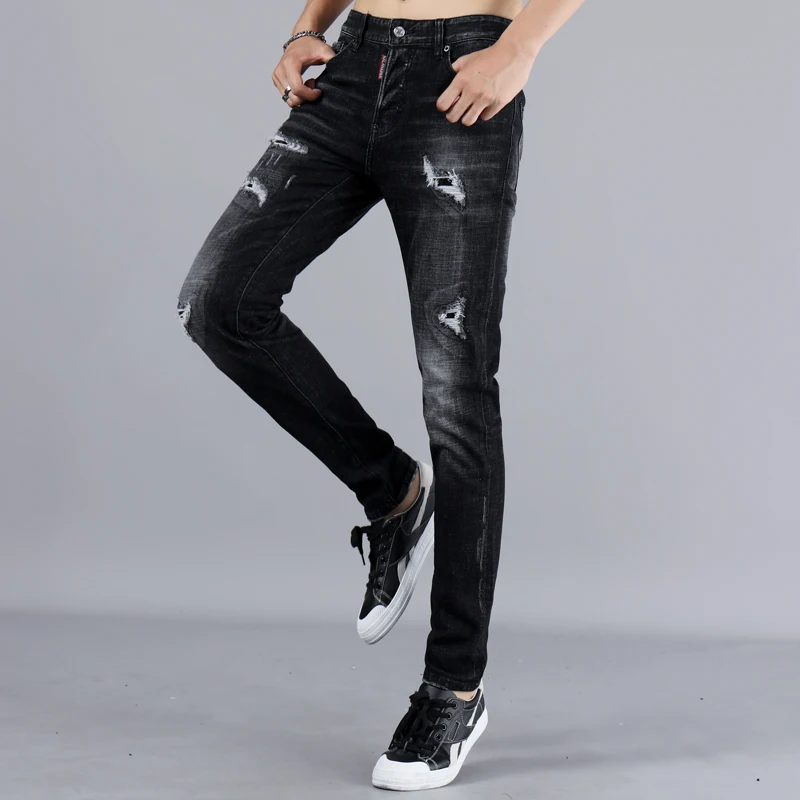 Итальянские винтажные мужские джинсы Уличная черная рваная эластичная рваные джинсы мужские высококачественные брендовые дизайнерские обтягивающие джинсы Homme