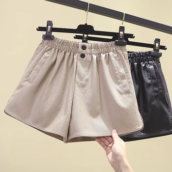 

Elastic High Waist Women Shorts 2020 New Spring Autumn Out Wear PU Leather Shorts Casual Wide Leg Boots Faux Leather Shorts