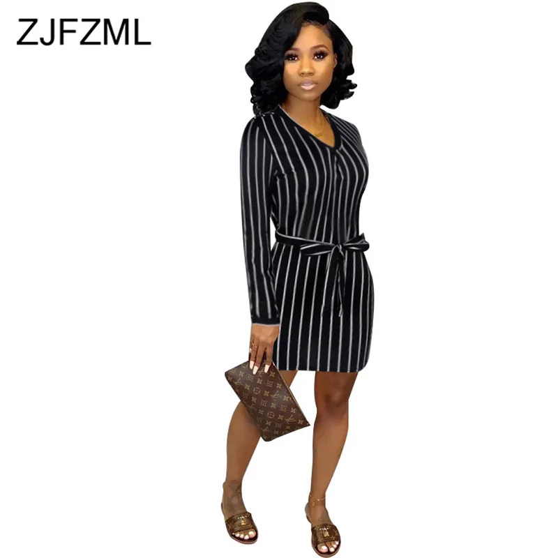 

Striped Bow Sexy Bodycon Dresses 2019 Women V Neck Long Sleeve Sashes Mini Dress Party Club Lace Up Slim Short Plus Size Dress