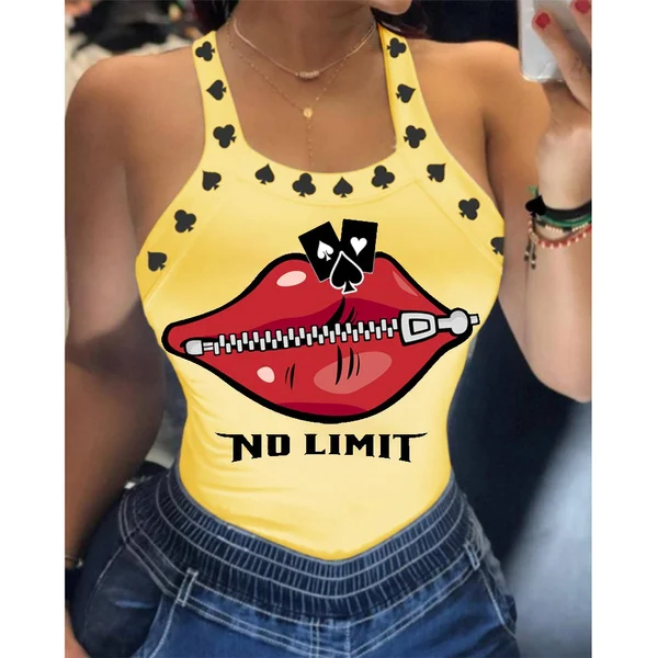 Summer Ladies Harajuku Shirts Slim Fit Polyester Sleeveless Top Tshirts Tank Tops Women U Neck Letter Print Lips Vest MC0300YL