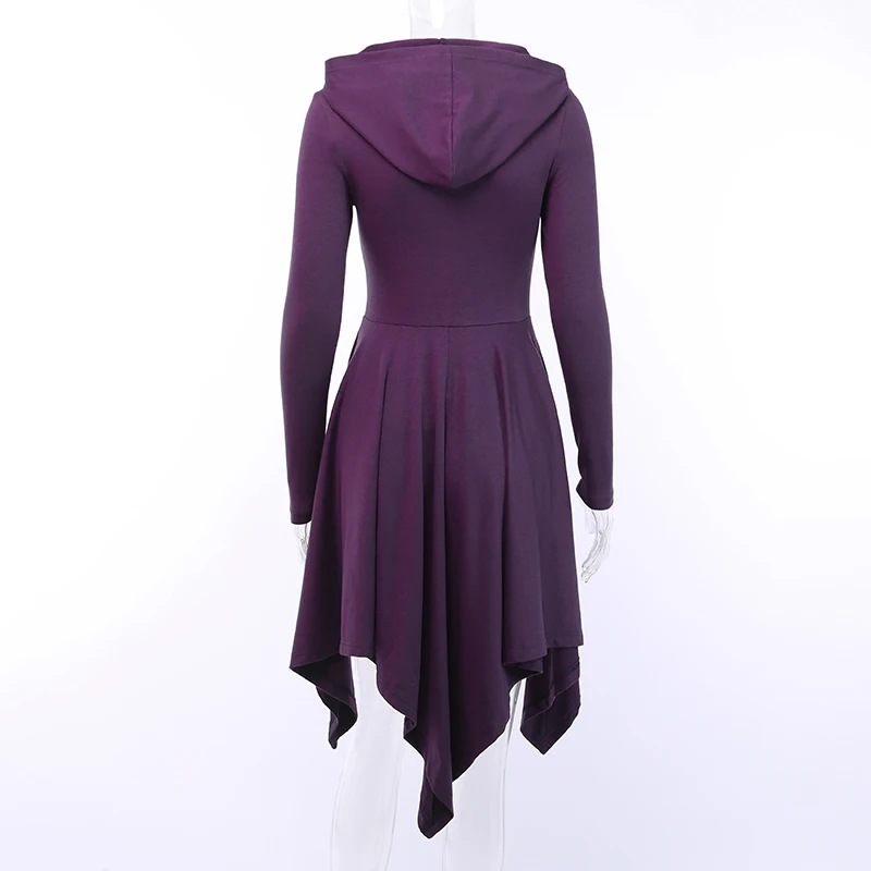 Imily Хэллоуин с капюшоном мини-платье для женщин асимметрично драпированные с длинным рукавом платье с высокой талией Элегантный принт фиолетовый А-силуэт Vestidos Осень