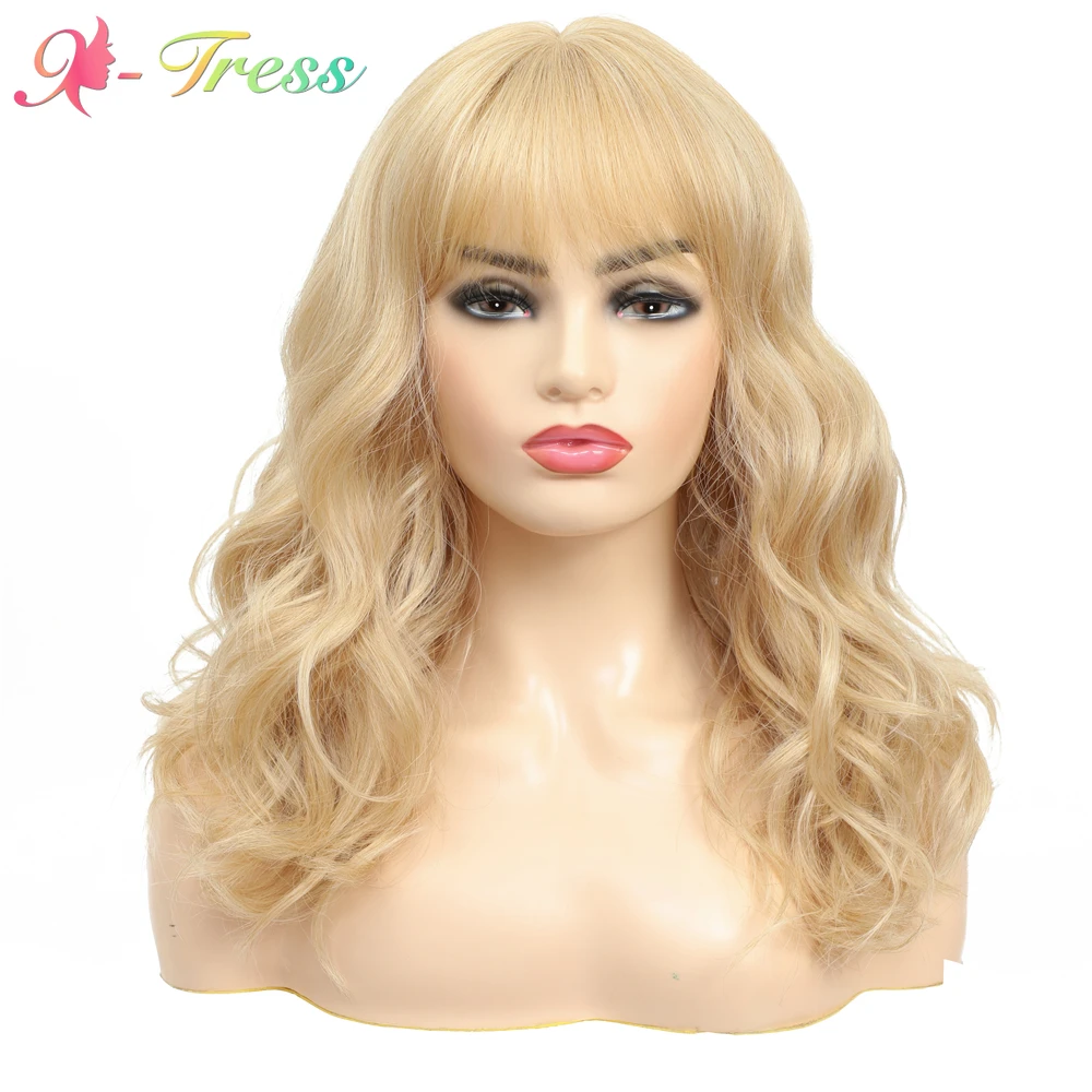 Synthetic Wig With Bangs X-TRESS 18 Inches Medium Natural Wave Highlight Gold Hair Wigs Heat Resistant for Black Women | Шиньоны и