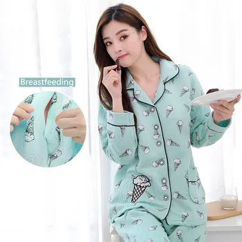 

Maternity Nursing Nightwear Autumn Winter Breastfeeding Lounge for Pregnant Women Pregnancy Homewear Sleepwear Set Cotton-padde