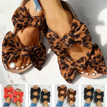

2020 summer Women's Sandals Leopard Bowknot Roman Flat Slippers Casual Beach Indoor&Outdoor Shoes