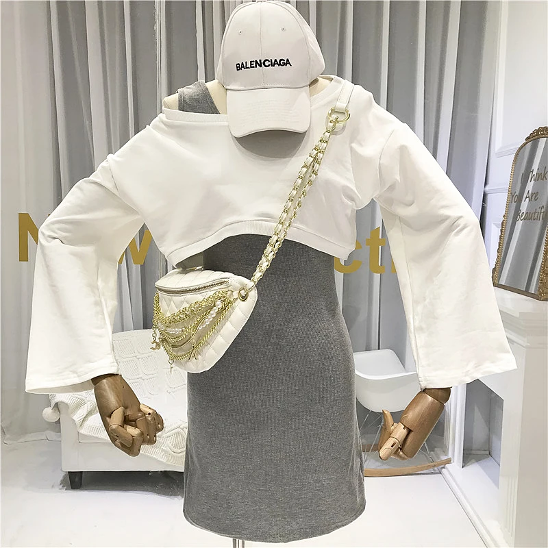 

Crop Top+tank Dress Women 2 Piece Set Cotton Blend Casual Style Women Sets Clothes 2019 Fall Autumn New Items Two Piece Sets