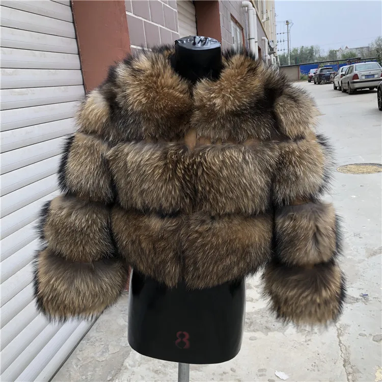 Стиль женское натуральное пальто из натурального меха енота куртка зимняя женская короткая Толстая теплая Роскошная тонкая с круглым вырезом высокое качество