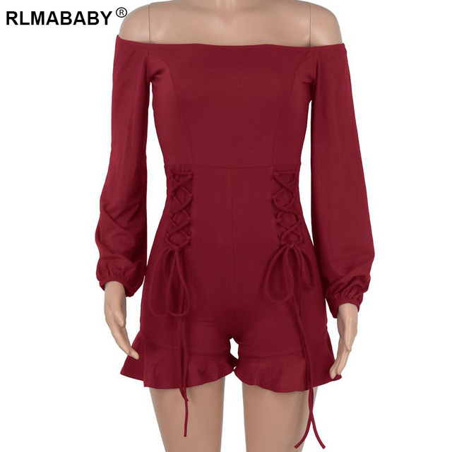 Women Off Shoulder Ruffles Hem Lace Up Playsuit Sexy Backless Long Lantern Sleeve Casual Office Lady Rompers Jumpsuit