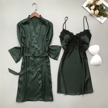 

Women Pijama Set Lace Bathrobe Nightgown Robe Silk Satin Home Clothes Sexy Sleepwear Fashion Night Skirt Soft Comfortable 2PC