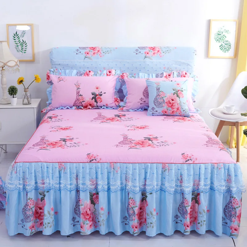 

Flower Pattern Printed Thickened Sanding Bedspread Bed Skirt Home Textile Bedcover for Wedding Decoration Full King Queen Size