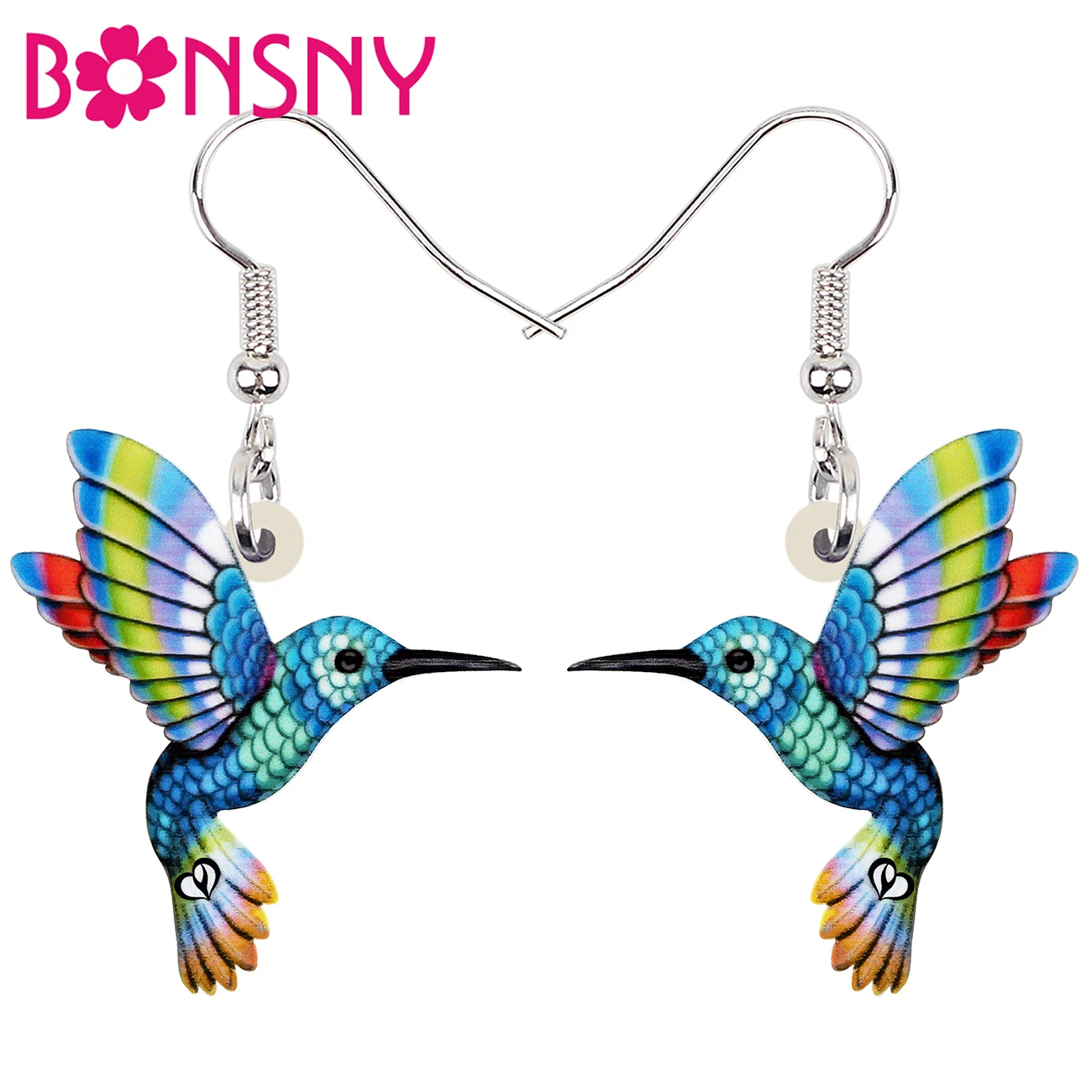 BONSNY Acrylic Floral Rainbow Color Hummingbird Birds Earrings Fashion Long Drop Dangle Jewelry For Women Girls Teen Charm Gifts