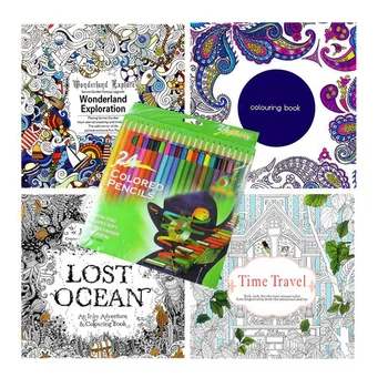 

1 Set 4 Coloring Books +12/24 Colored Pencils Kit Creative Drawing Painting Coloring Book For Children Student Graffiti Books