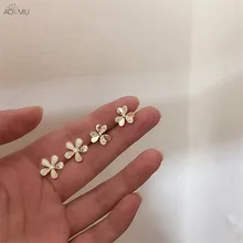 AOMU New Design Personality Mini Zircon Opal Metal Petals Petite Flowers Love Stud Earrings for Women Gifts Jewelry серьги