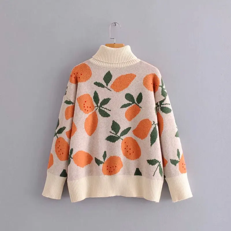 Модный пуловер-водолазка с фруктовым принтом, джемпер для женщин, повседневный плотный теплый женский свитер на осень и зиму