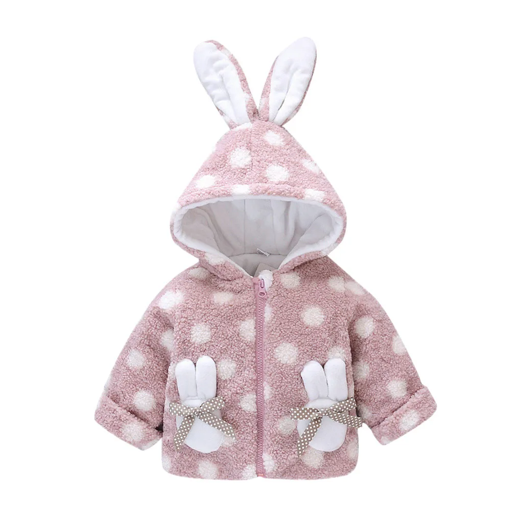 Baby Children Girl Winter Warm Loose Coat Zipper Bow Little Rabbit Pocket Rabbit Ear Hodded Dot Pattern Jacket Parkas Outwear#g4