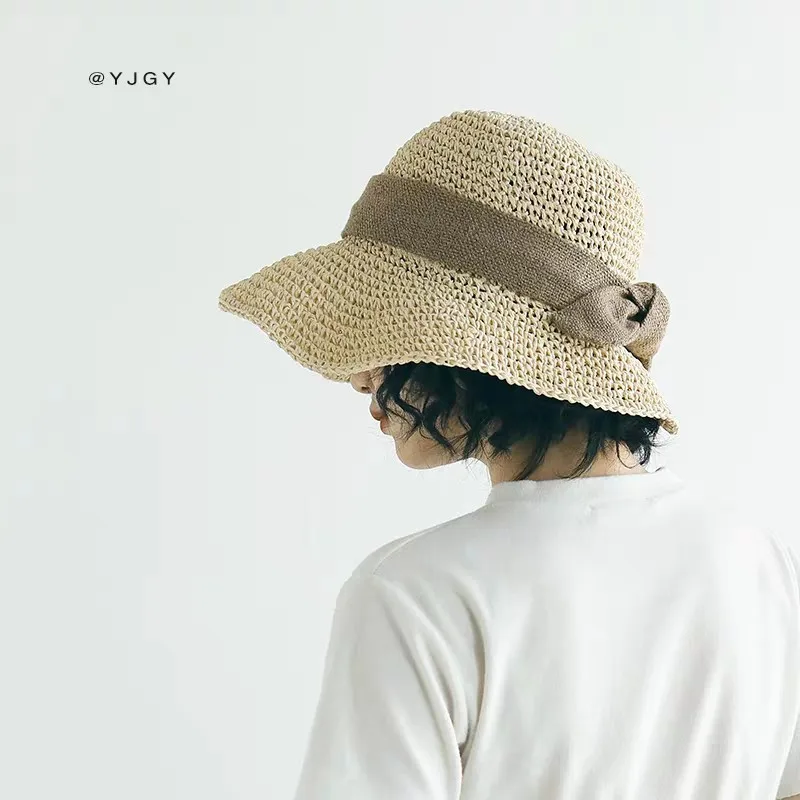 

Straw Hat Female Summer Sun Hat Large Brimmed Foldable Crimping Topee Outing Beach Hat Bow Casual Summer Hat