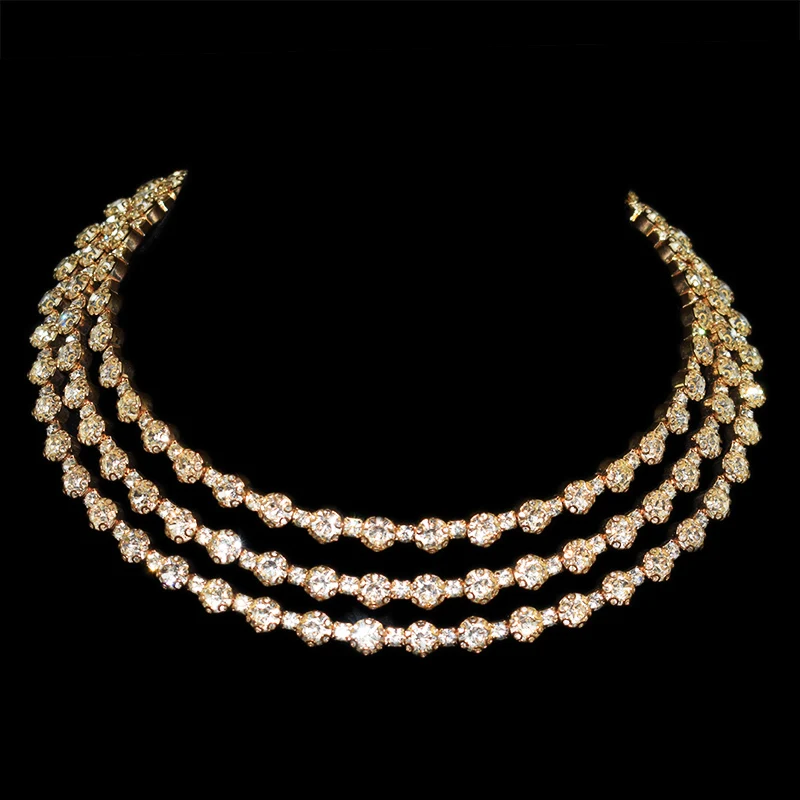 NEW Gold silver Metal Rhinestone Collar Necklaces for Women Round 3Row collar mujer collares Fashion Jewelry Choker Wholesale