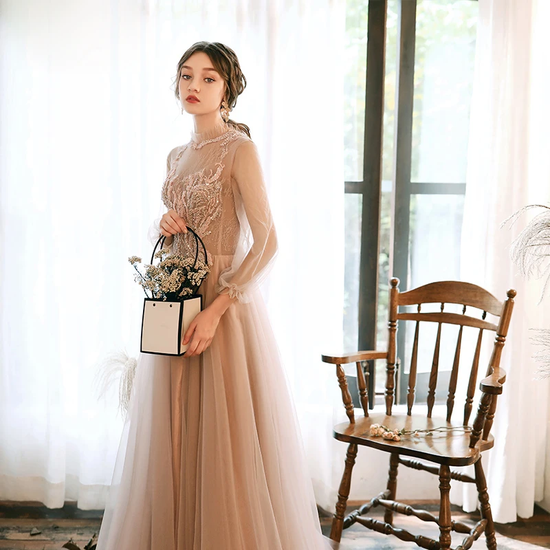 SSYFashion/Новинка; вечернее платье цвета шампанского с длинным рукавом и высоким горлом; длинное вечернее платье с блестками и аппликацией; Vestidos De Noche