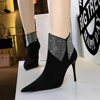 

Women Ankle Boots Rhinestones High Heels Shoes Woman Winter Plush Zip Pointed Toe Sexy Short Boots For Female Plus Size 34-40