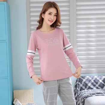 

2019 Autumn Casual Striped Indoor Clothing Cotton Pajamas Sets For Women Long Sleeve Pyjama Cute Girls Homewear Lounge Home Wear