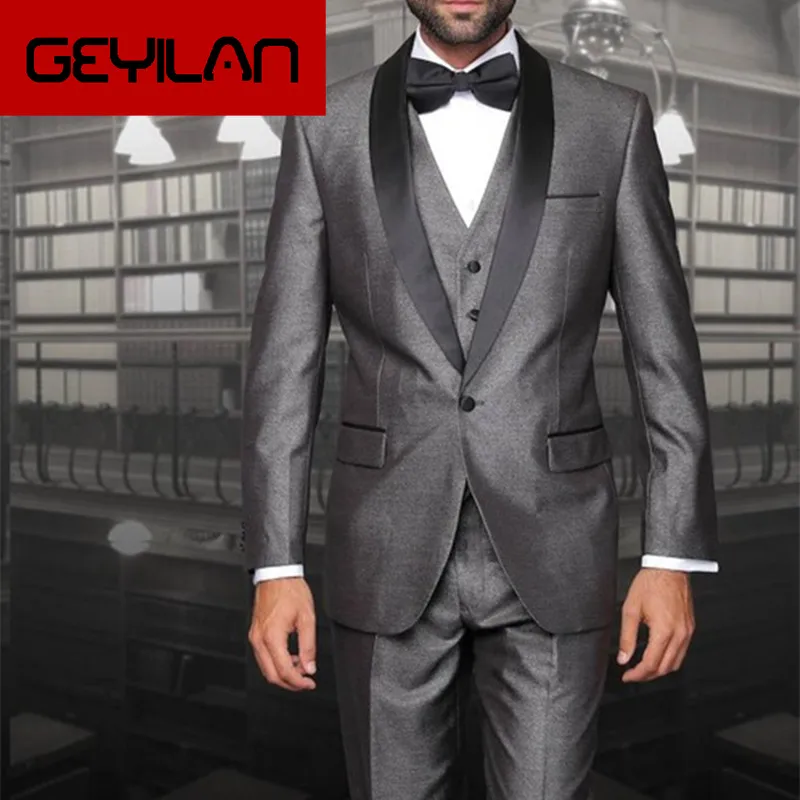 

Italian custom made grey groom suits black Lapel One button Jacket+Pants+Tie+Vest 2017 men tuxedos for wedding Groomsmen suit