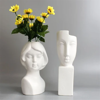 

Ceramics Woman Face Figurines Vase Nordic Creative Crafts Abstract Flower Vase Living Room Ornament Home Decoration Accessories