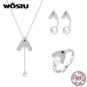 

WOSTU Real 925 Sterling Silver Shark Jewelry Set Zircon Opening Rings & Earrings For Women Necklace & Bracelet Luxury Jewelry