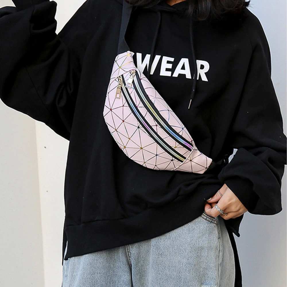 Riñoneras de cuero PU para mujer, Cartera de viaje con brillo, bolso de pecho con láser, con entramado de plátano parpadeante|Fundas antigolpes teléfono| - AliExpress