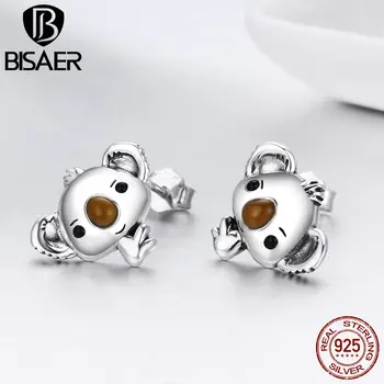 

BISAER Authentic 925 Sterling Silver Koala Bear Animal Cute Stud Earrings For Children Day Gift Daughter Gift Jewelry GXE381