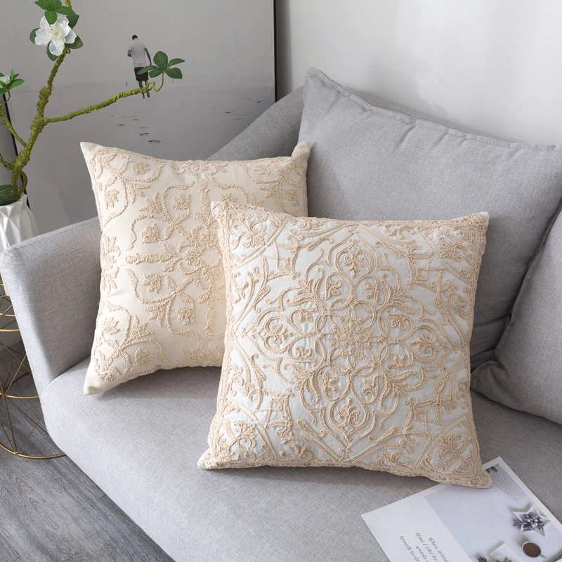 

50x50cm American Whole Twine Embroidery Flower Pillowcase Villa Cafe Linen Home Sofa Decoration Bed Cushion Cover
