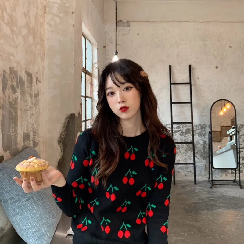 Women Cherry Vintage Pullover Sweater Female Knitted Jumper Autumn Oversize Casual Ladies overalls Women Cherry Vintage Pullover Sweater Female Knitted Jumper Autumn Oversize Casual Ladies overalls