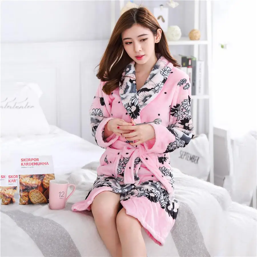 Банный халат женский длинный рукав фланель, кимоно, широкая одежда; теплая одежда для сна ночная рубашка осень-зима платье халат одежда для дома, ночная рубашка - Цвет: Pink G