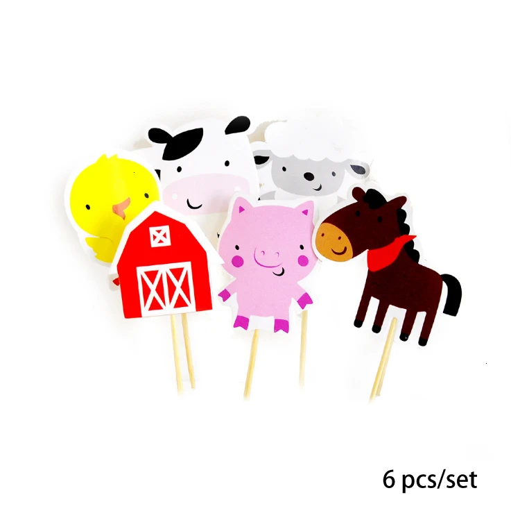 Topper-6pcs 1 Набор, фигурки для торта в виде фермы, животных, топперы, корова, свинья, баннер, лошадь, Лев, домашнее животное, шагающие шары, детский подарок, украшение для вечеринки на день рождения - Цвет: Topper-6pcs