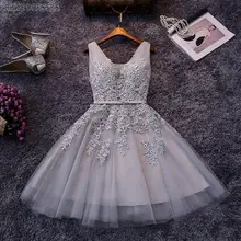 Серая Аппликация Длина колена платья для выпускного вечера короткие кружевные недорогие вечерние платья выпускные платья для 8-го класса торжественные платья