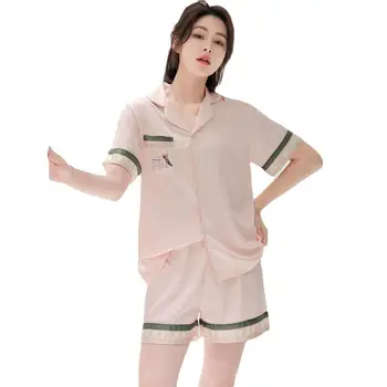 

Women's ice silk pajamas summer thin printed short sleeve short sleeve Shorts Set imitation silk household clothes