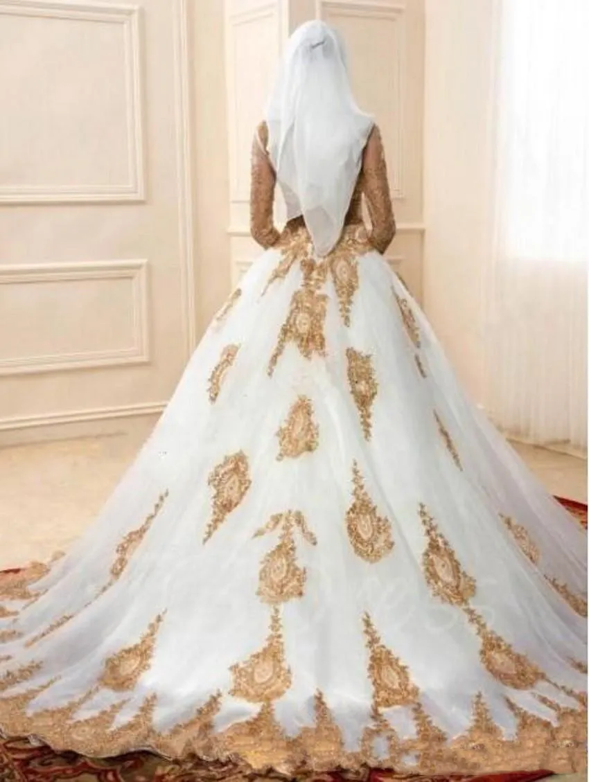 Роскошные с высоким воротом 3/4 рукава золотистые кружевные аппликации арабское свадебное платье Индийский стиль мусульманское свадебное платье