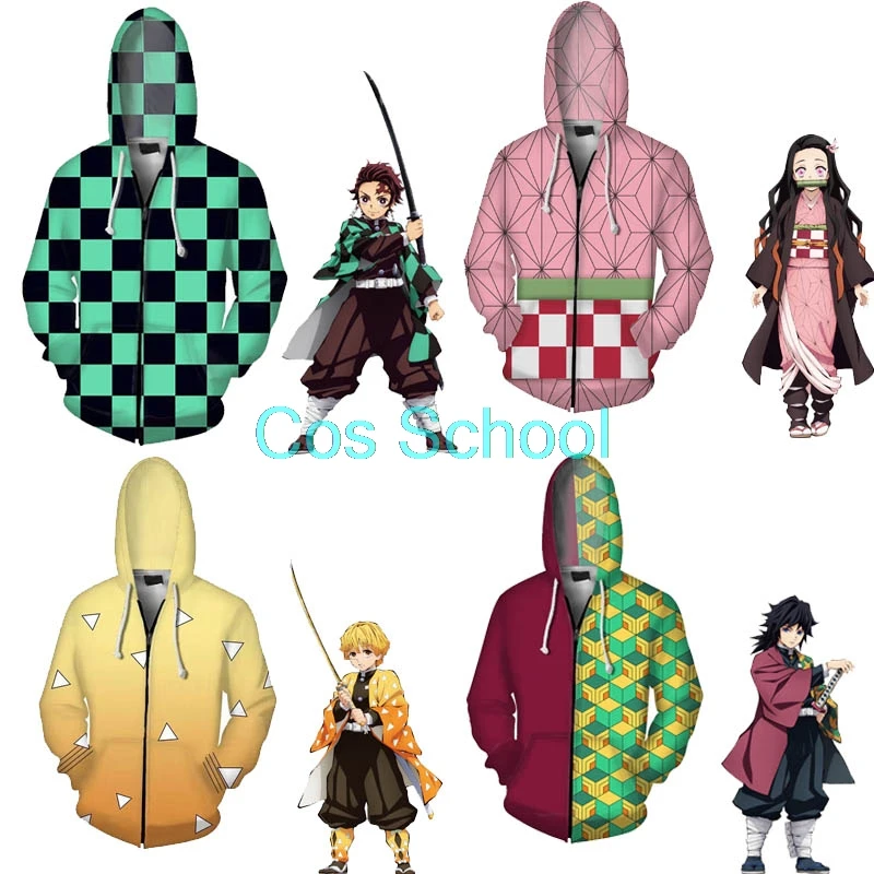 Cos School Demon Slayer Kimetsu no Yaiba Kamado Tanjirou Nezuko Hoodies Agatsuma Zenitsu Tomioka Giyuu Hooded Jacket Coats