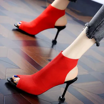 

Summer new European and American fish mouth knitted elastic sandals fashion wild high heels simple women's shoes Thin Heels