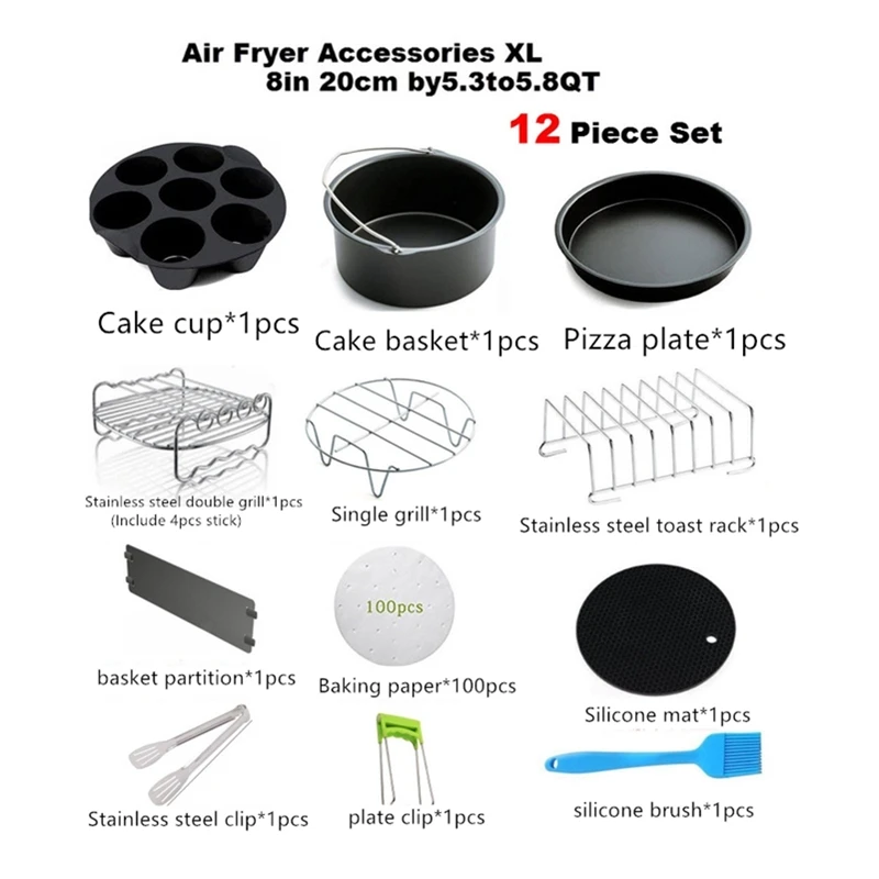 Kit d'accessoires pour Friteuse à Air Électrique en Acier Inoxydable 12pcs  8 Pouces