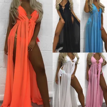 

Boho Bikini Cover Up Women Beach Maxi Dress Robe Chiffon Kimono Sleeveless Chiffon Bathing Suit Tunic Kaftan Beachwear