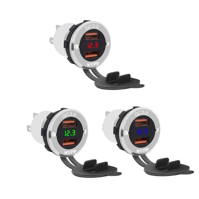 

12V/24V Aluminum Waterproof Dual QC 3.0 USB Fast Charger Socket Power Adapter With Voltmeter for Car Marine Boat Motorcycle Truc