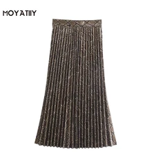 

MOYATIIY Women 2022 Fashion Snake Print Pleated Midi Skirt Highstreet Style Animal Pattern PU Leather Skirts Female Bottoms