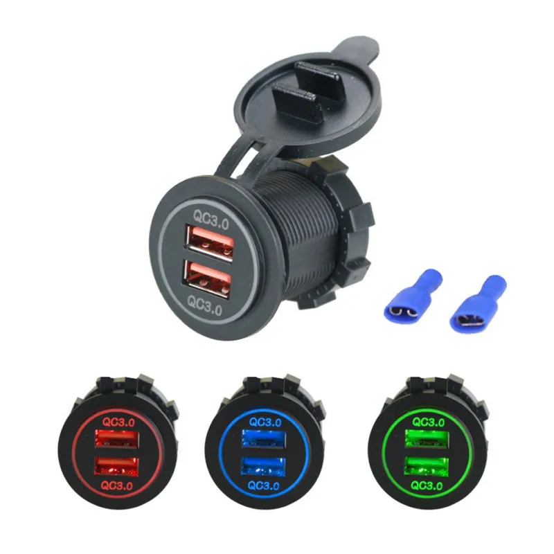 

QC3.0 Dual 2 USB Car Charger Lighter Socket 2 Port Dual USB Charge Adapter LED Blue/Red/Green with Waterproof Cover