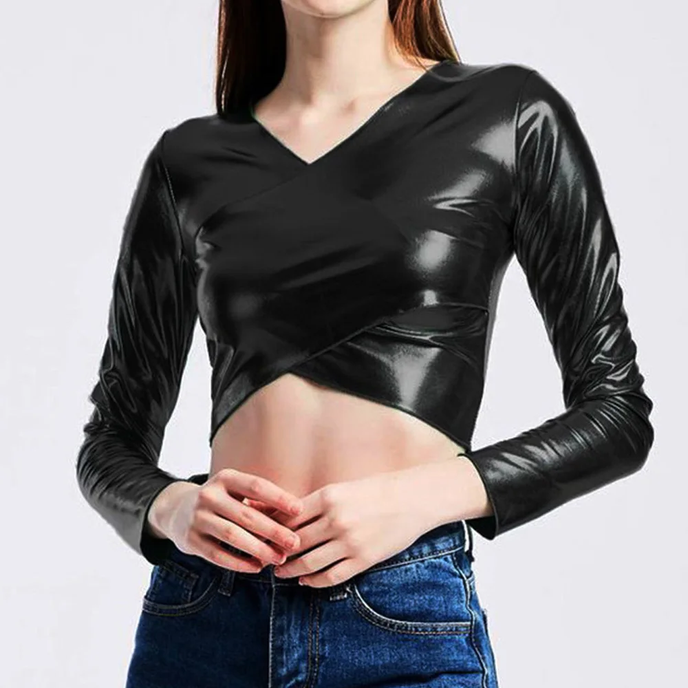 

Sexy Long Sleeve Crop Top Women Shiny Metallic Laser Holographic Cropped Tops Female Slim Cross Bandage Nightclub Punk Tshirt