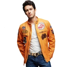 Заводские Куртки из натуральной кожи мужские из натуральной телячьей козьей кожи желтые черные облегающие панк-бомберы мотоциклетная одежда летные костюмы