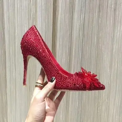 Red 9cm heels Emma king/стразы; туфли Золушки на высоком каблуке с острым носком; женские свадебные туфли-лодочки без застежки с украшением из блестящих кристаллов - Цвет: Red 9cm heels