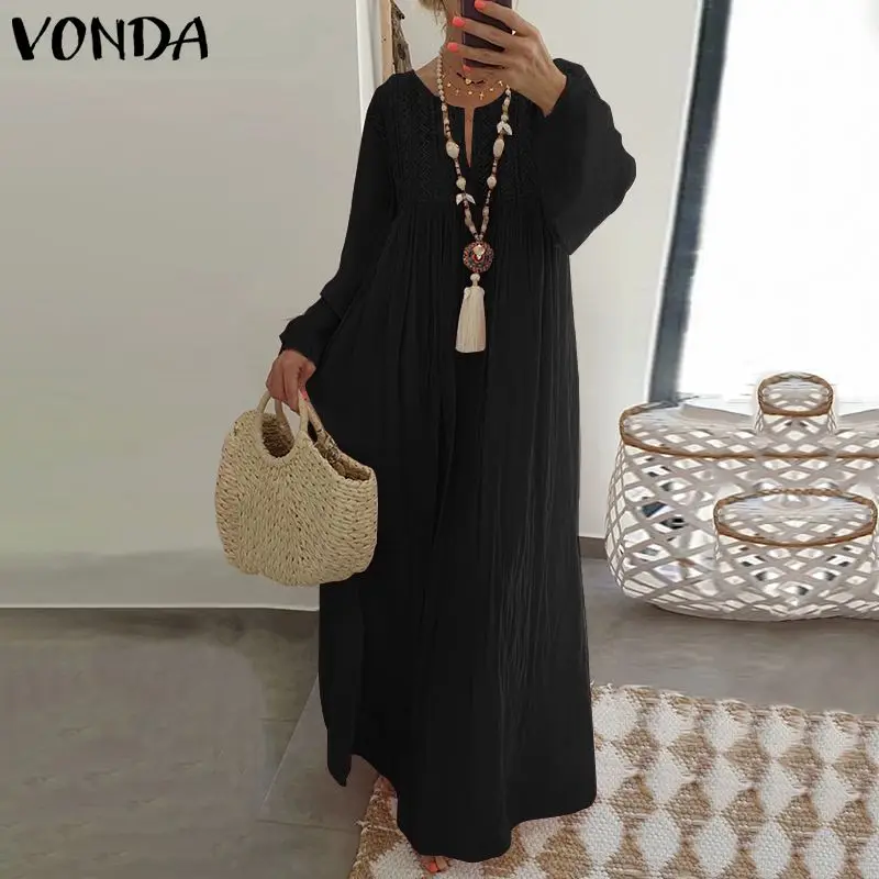 VONDA Plus Size Dress Women Sundress Casual Loose Vintage Long Sleeve Party Long Dress Bohemian Vestidos Female Cotton Robe