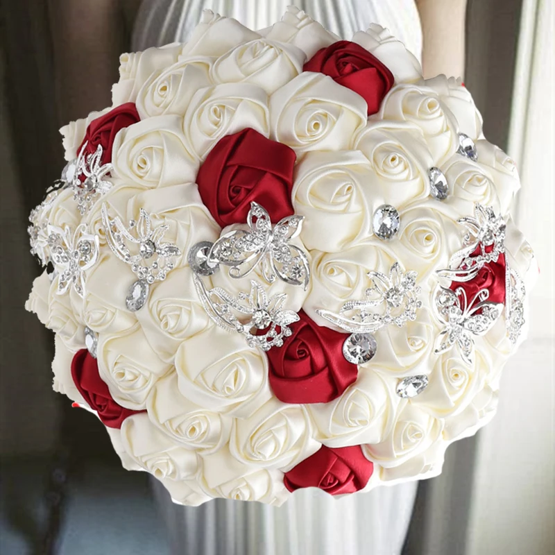 

1pc/lot Cream and Red Bride Wedding Bouquet With Diamond For Wedding Party