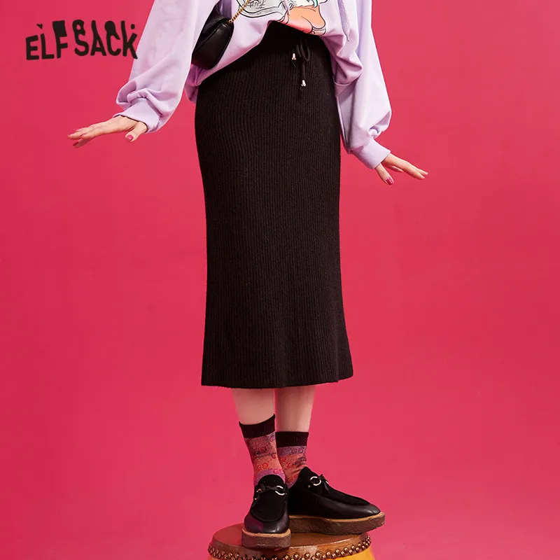 ELFSACK Black Solid Split Empire Waist Knitted Skirt Women Winter Pure New Elegant Skinny Office Ladies Daily Skirts