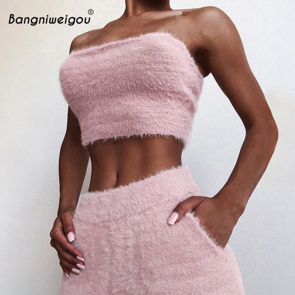

Bangniweigou Autumn Winter Furry Shorts Set Two Piece Women Strapless Tube Top Mini Pants Matching Sets Pink Casual Streetwear