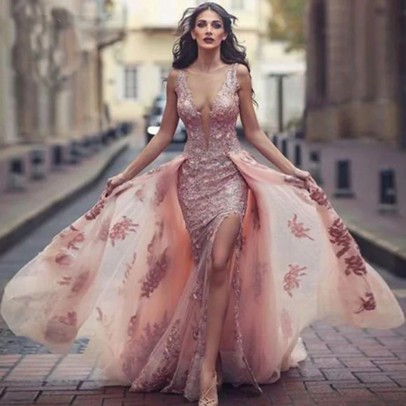 

Unique Luxury Arabic Mermaid Sleeveless Wedding Dresses for Bride Sexy High Thigh Split Bridal Wedding Gowns Lace Appliqued